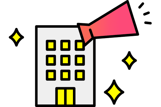 ビルの屋上からスピーカーで宣伝を行っている様子のイラスト