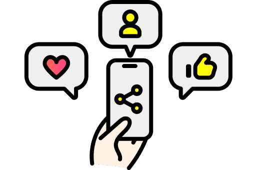 スマートフォンを持つ手と、SNSでのシェア・いいね・フォローを示す吹き出しアイコン