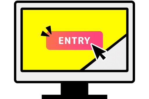 黄色背景の画面に「ENTRY」ボタンと矢印カーソルが表示された応募エントリーをイメージしたイラスト